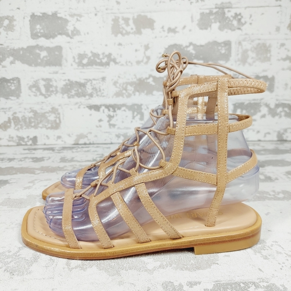New STUART WEITZMAN Strappy Padded Kora Square Toe Block Heel Lace-Up Sandal A91